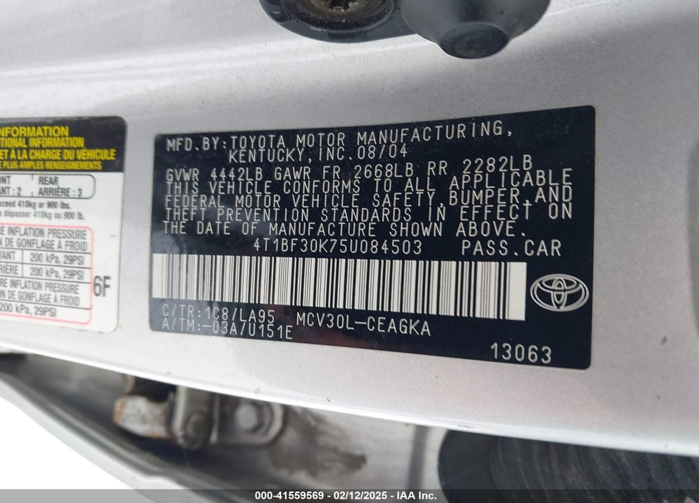 2005 TOYOTA CAMRY XLE V6 VIN: 4T1BF30K75U084503