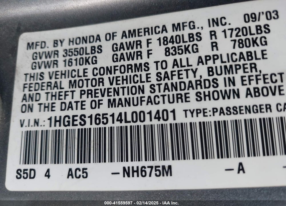 2004 HONDA CIVIC LX VIN: 1HGES16514L001401