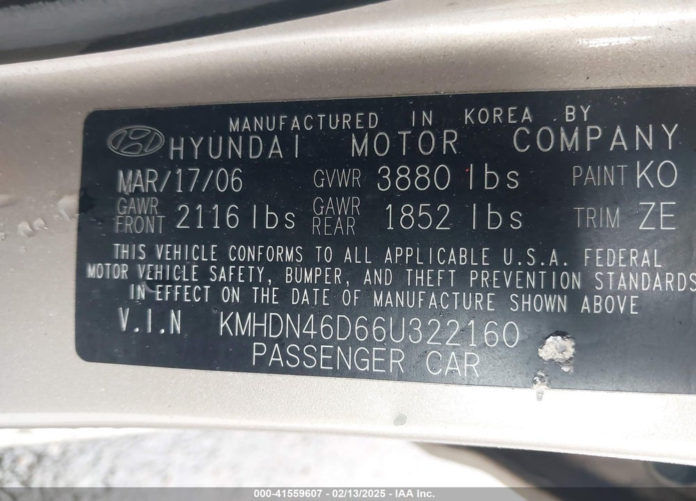 2006 HYUNDAI ELANTRA VIN: KMHDN46D66U322160