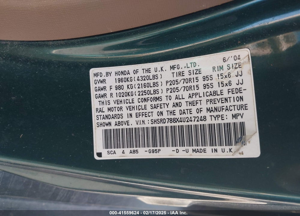 2004 HONDA CR-V EX VIN: SHSRD788X4U247248