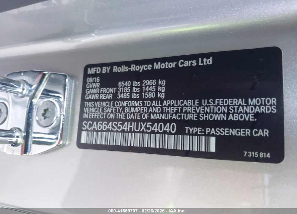 2017 ROLLS-ROYCE GHOST VIN: SCA664S54HUX54040