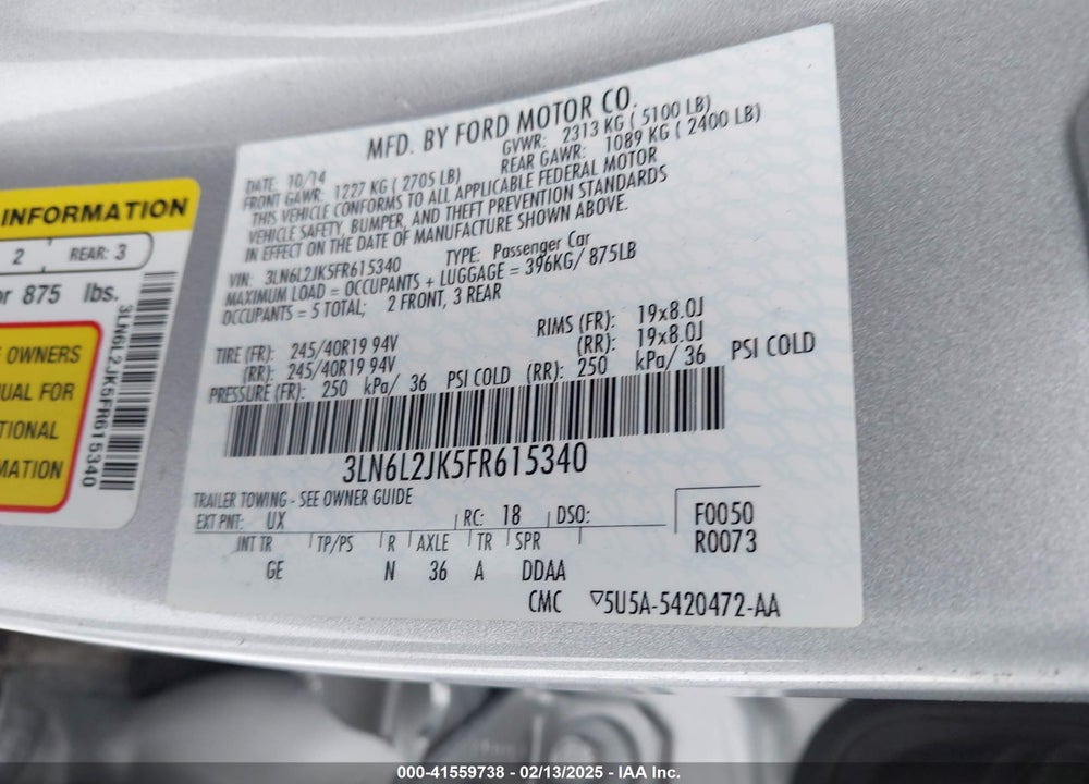 2015 LINCOLN MKZ VIN: 3LN6L2JK5FR615340