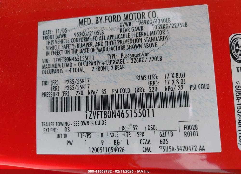 2006 FORD MUSTANG V6 VIN: 1ZVFT80N465155011