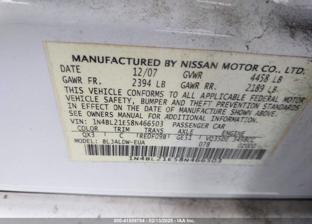 2008 NISSAN ALTIMA VIN: 1N4BL21E58N466503