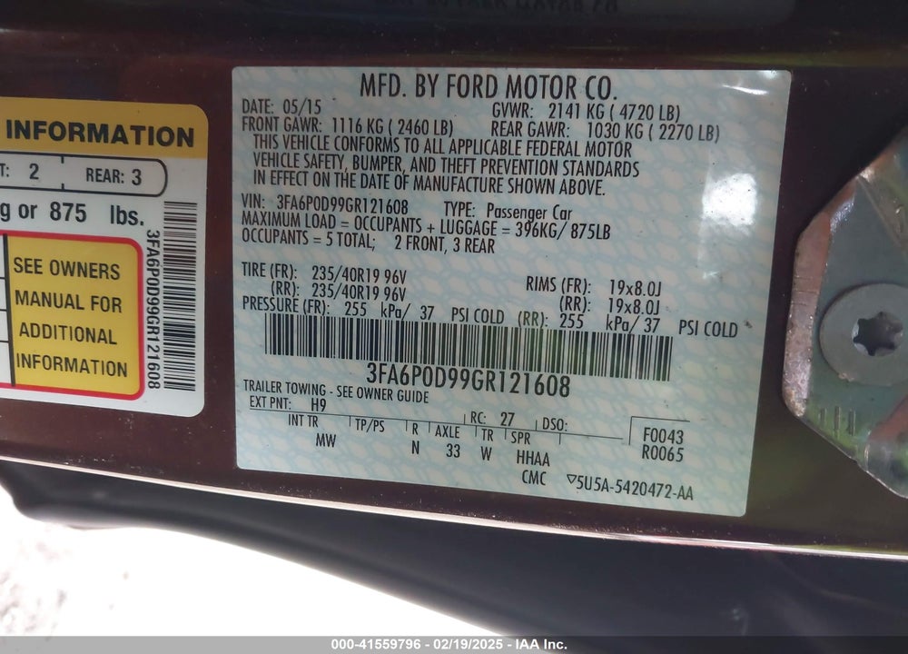 2016 FORD FUSION VIN: 3FA6P0D99GR121608