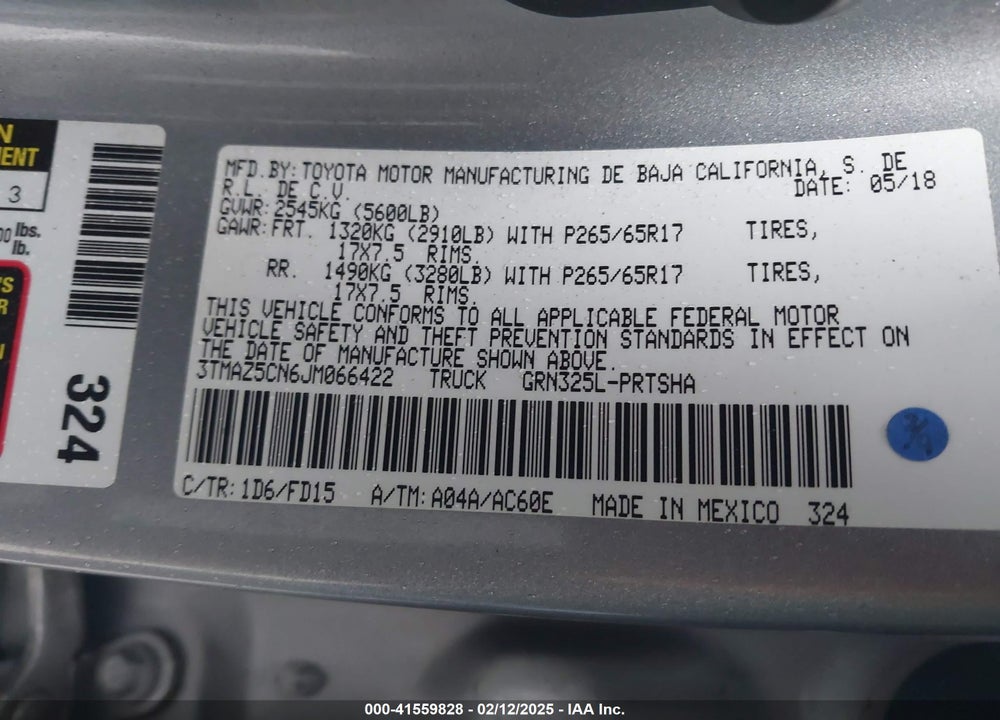 2018 TOYOTA TACOMA TRD SPORT VIN: 3TMAZ5CN6JM066422