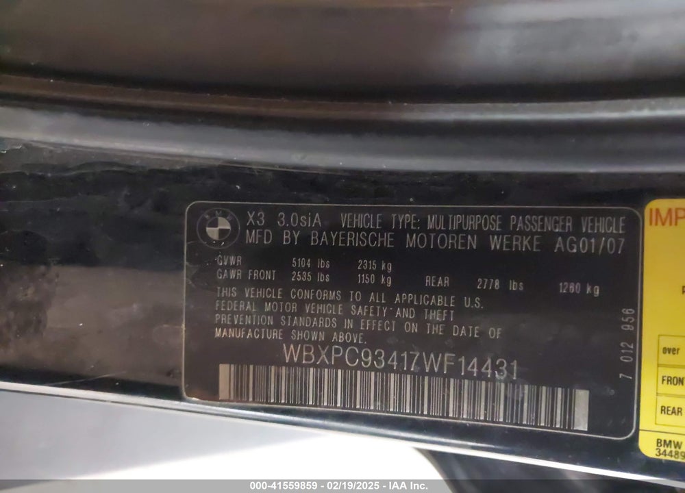 2007 BMW X3 3.0SI VIN: WBXPC93417WF14431