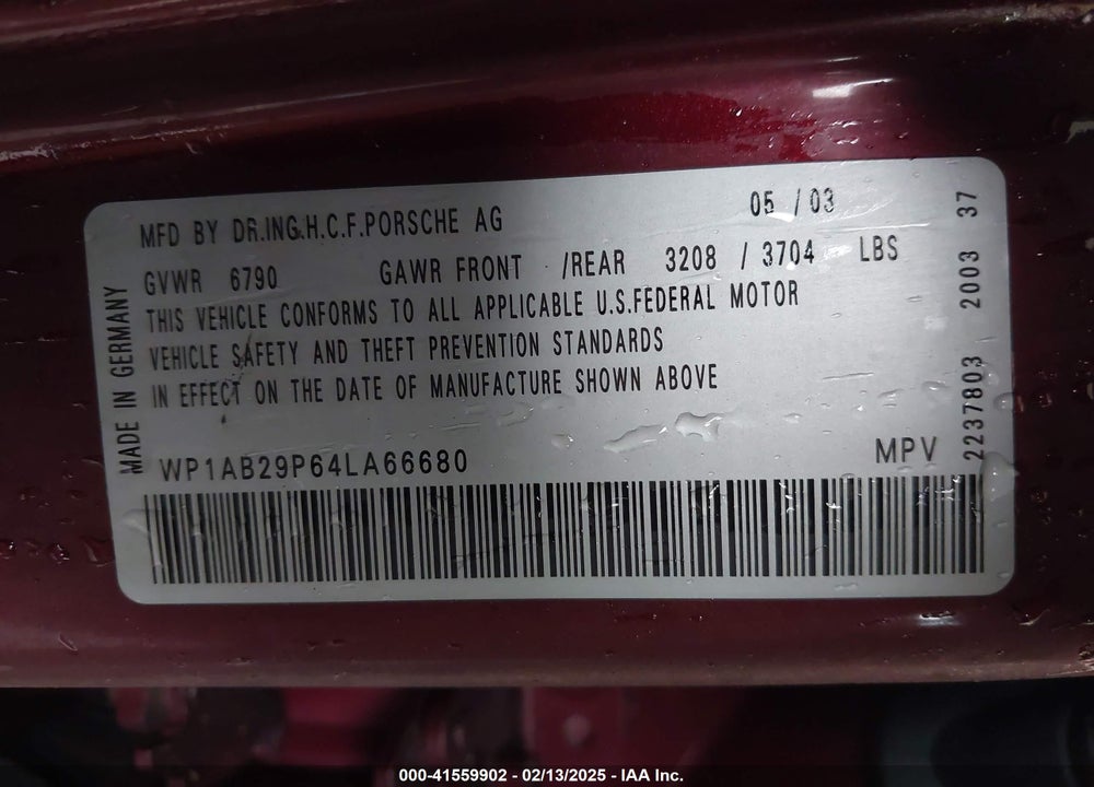 2004 PORSCHE CAYENNE S VIN: WP1AB29P64LA66680