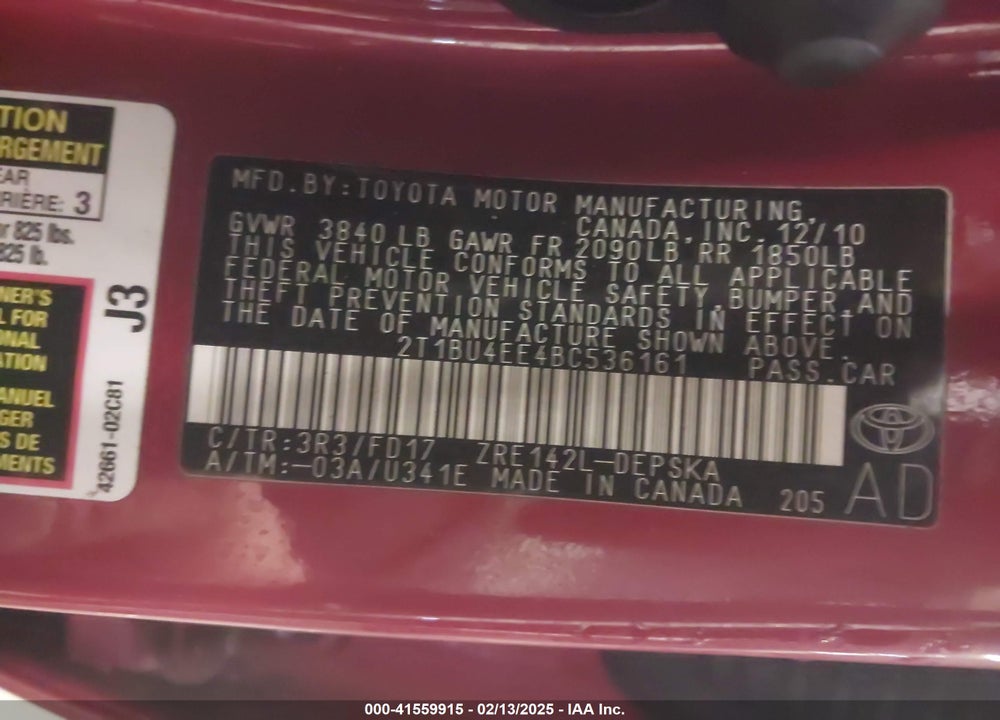 2011 TOYOTA COROLLA S VIN: 2T1BU4EE4BC536161