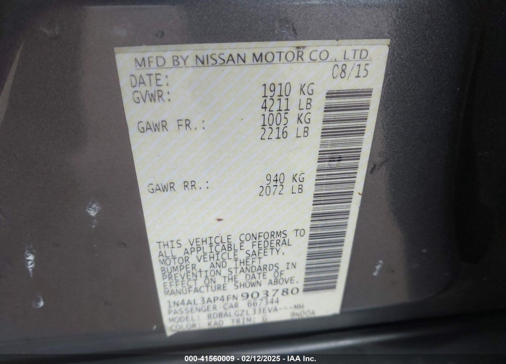 2015 NISSAN ALTIMA VIN: 1N4AL3AP4FN903780