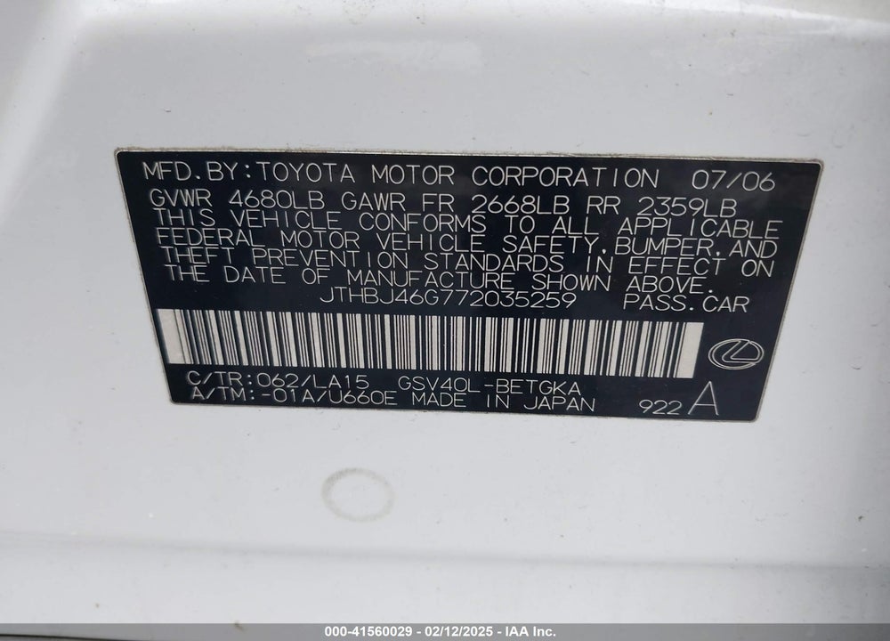2007 LEXUS ES 350 VIN: JTHBJ46G772035259