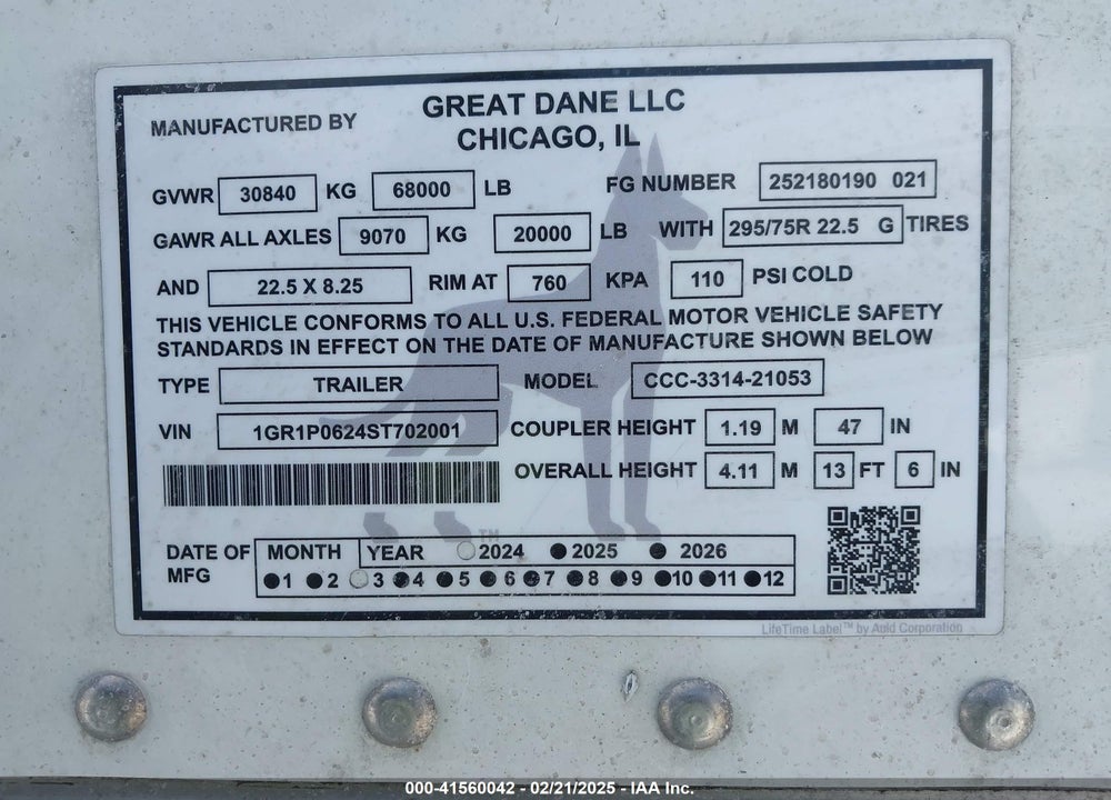 2025 GREAT DANE TRAILERS --- VIN: 1GR1P0624ST702001