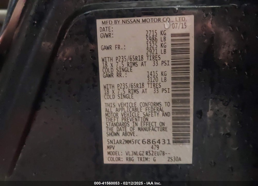 2015 NISSAN PATHFINDER SL VIN: 5N1AR2MM5FC686431