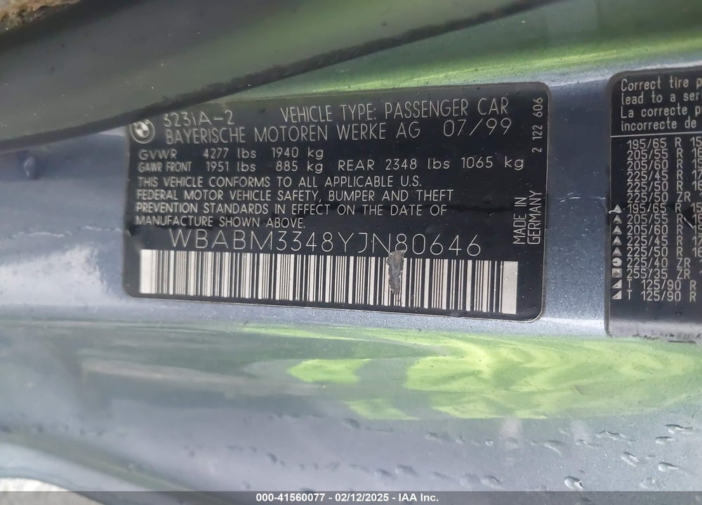 2000 BMW 323CI VIN: WBABM3348YJN80646