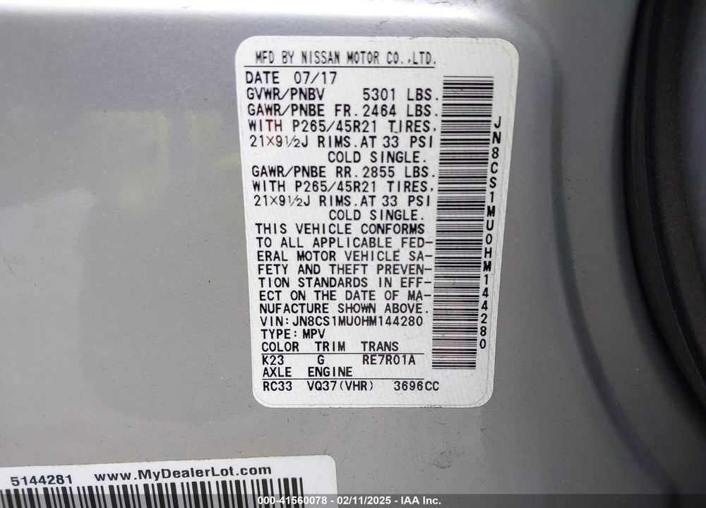 2017 INFINITI QX70 VIN: JN8CS1MU0HM144280