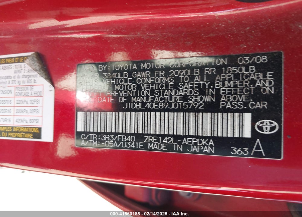2009 TOYOTA COROLLA VIN: JTDBL40E89J015792