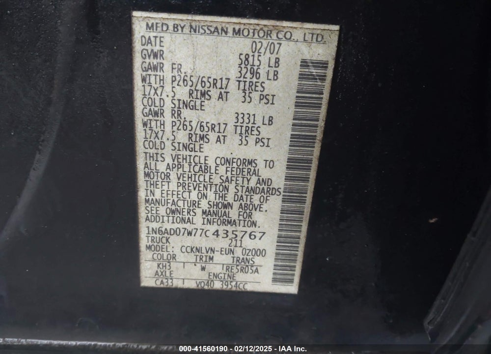 2007 NISSAN FRONTIER VIN: 1N6AD07W77C435767