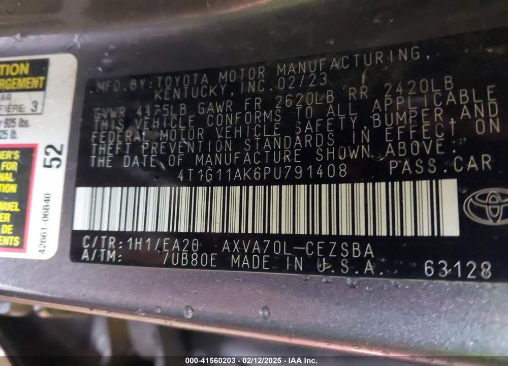 2023 TOYOTA CAMRY VIN: 4T1G11AK6PU791408