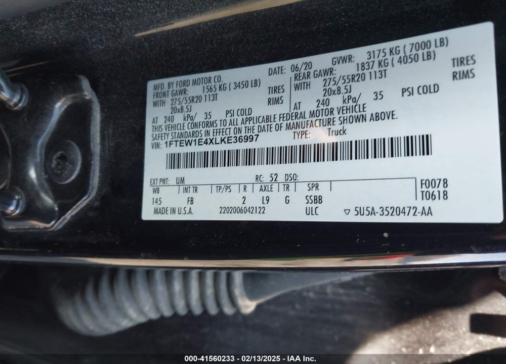2020 FORD F-150 VIN: 1FTEW1E4XLKE36997