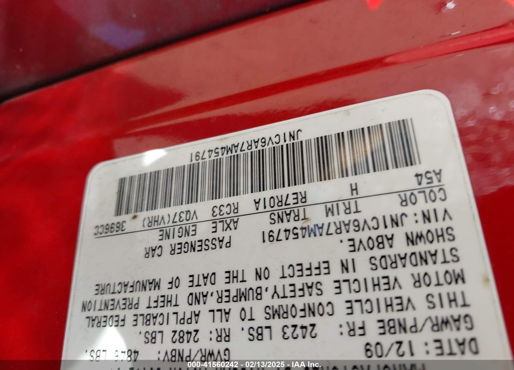 2010 INFINITI G37X VIN: JN1CV6AR7AM454791