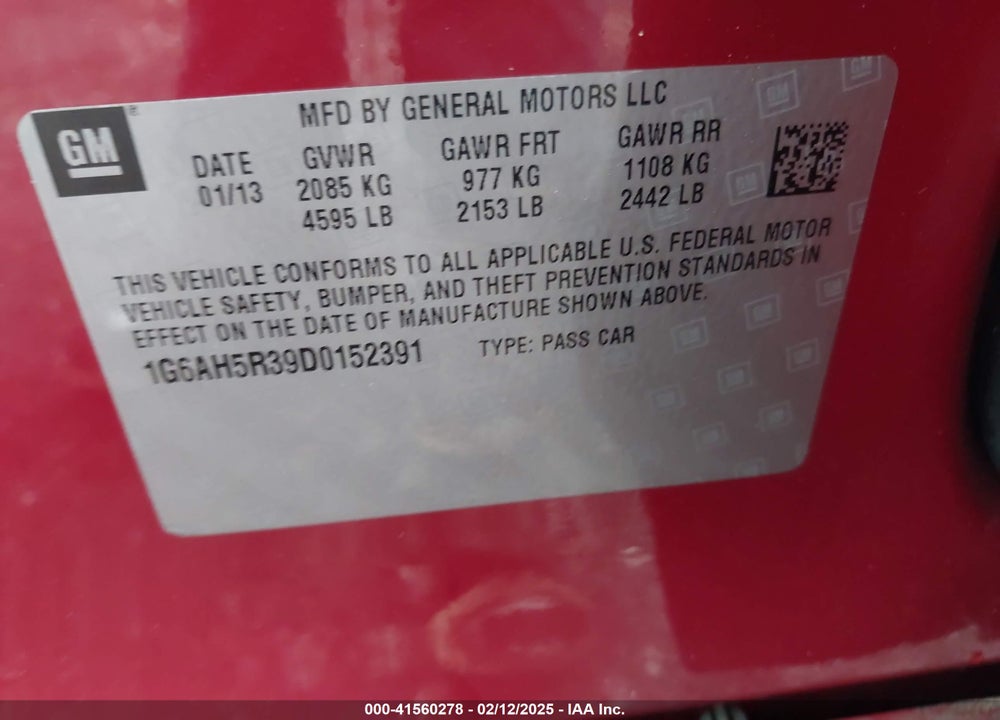 2013 CADILLAC ATS VIN: 1G6AH5R39D0152391