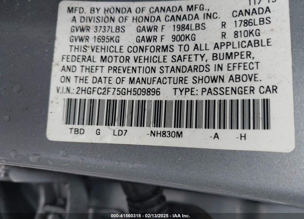 2016 HONDA CIVIC VIN: 2HGFC2F75GH509896