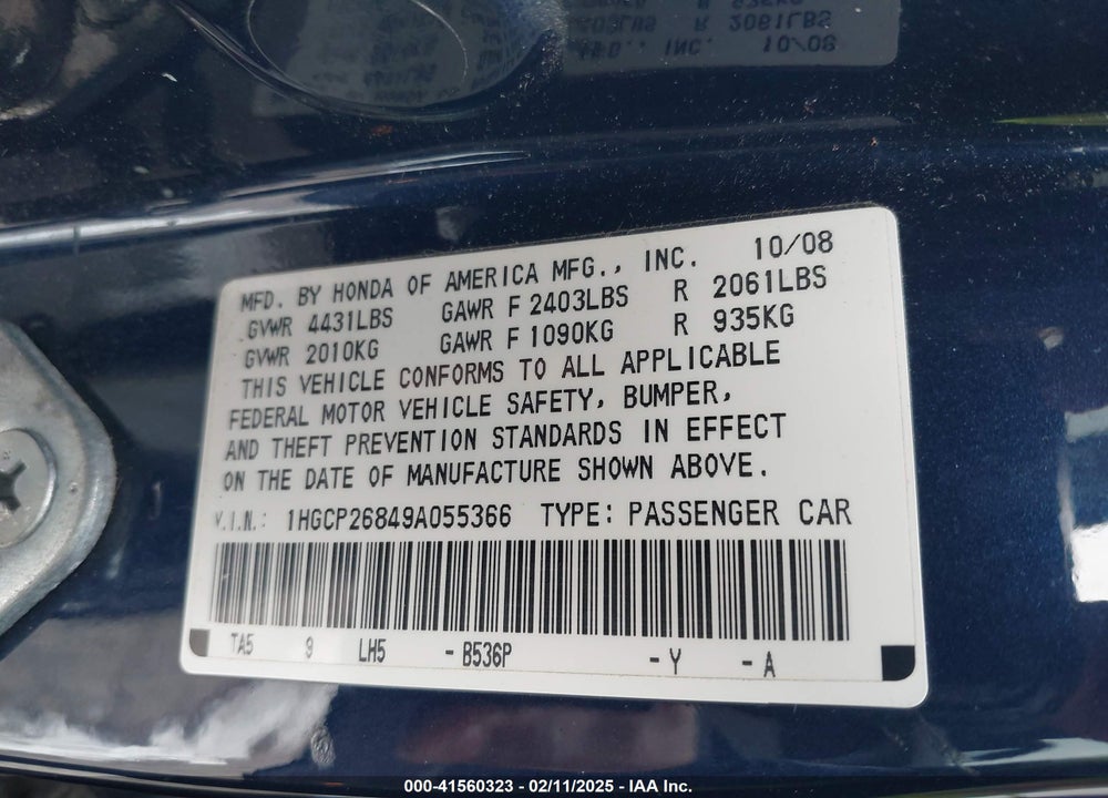 2009 HONDA ACCORD 2.4 EX-L VIN: 1HGCP26849A055366