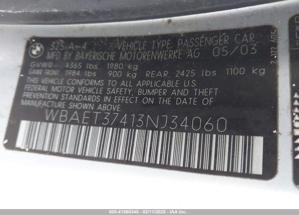 2003 BMW 325I VIN: WBAET37413NJ34060