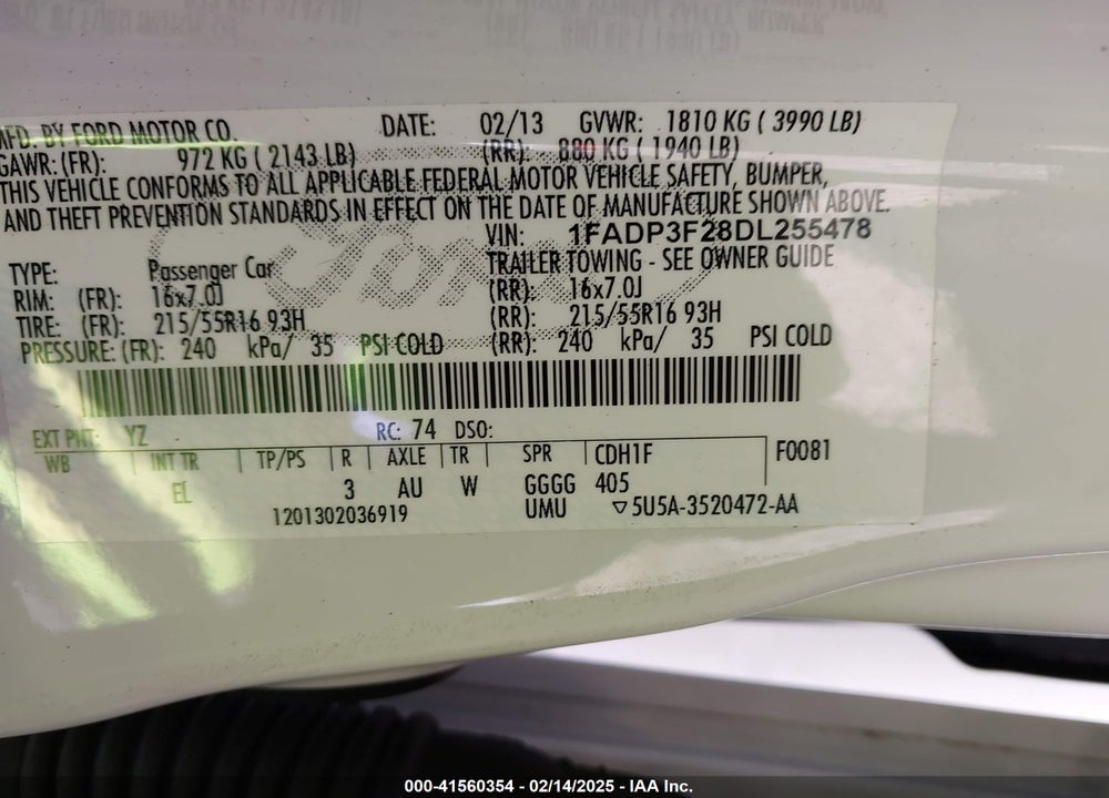 2013 FORD FOCUS SE VIN: 1FADP3F28DL255478
