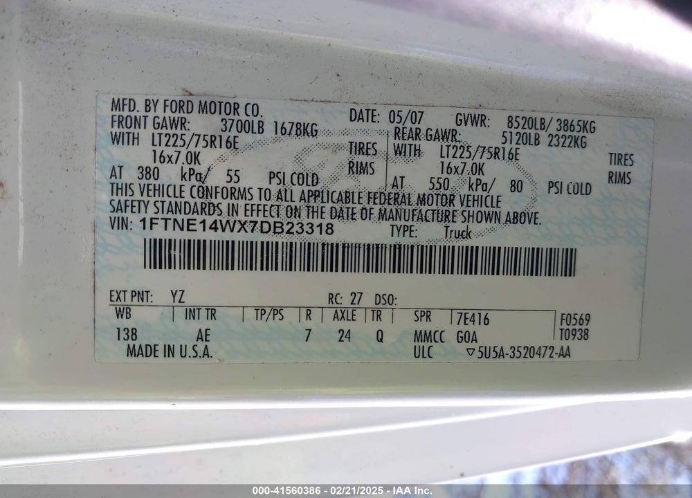2007 FORD E-150 COMMERCIAL/RECREATIONAL VIN: 1FTNE14WX7DB23318