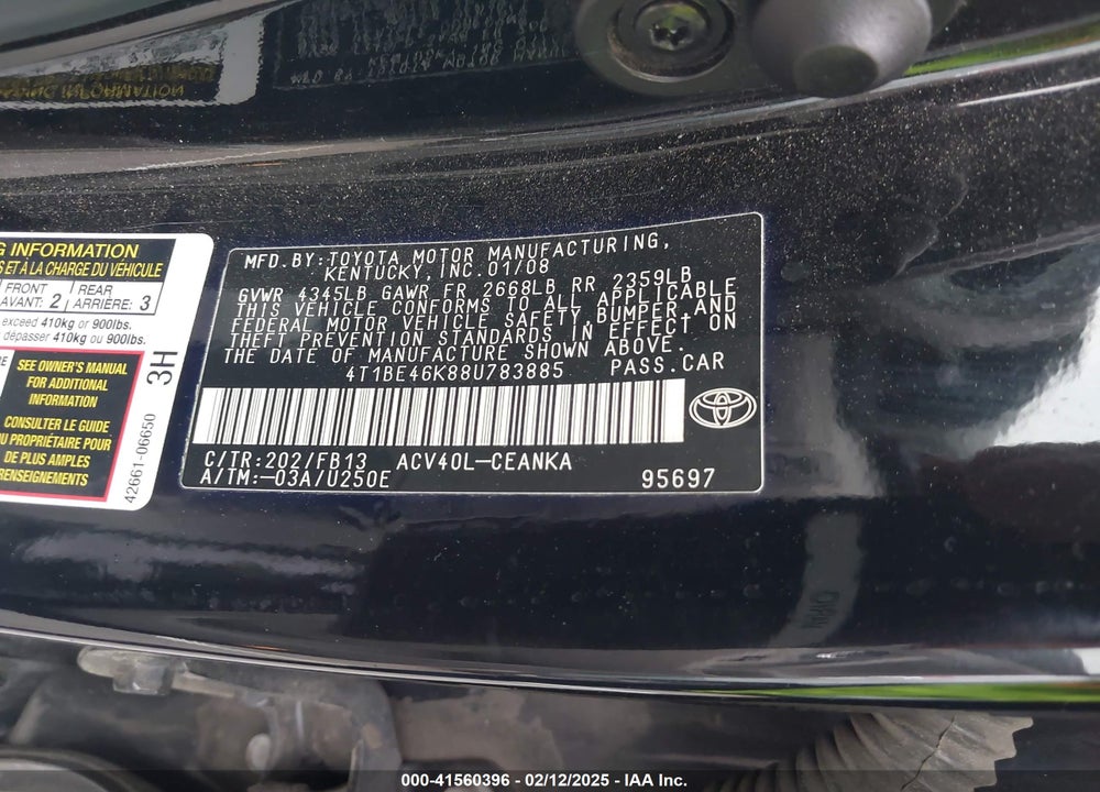 2008 TOYOTA CAMRY LE VIN: 4T1BE46K88U783885