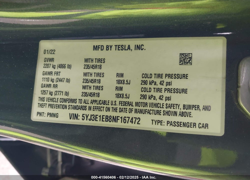 2022 TESLA MODEL 3 VIN: 5YJ3E1EB8NF167472