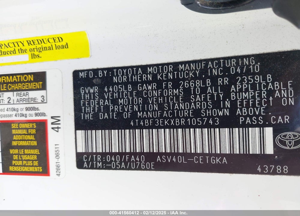 2011 TOYOTA CAMRY XLE VIN: 4T4BF3EKXBR105743