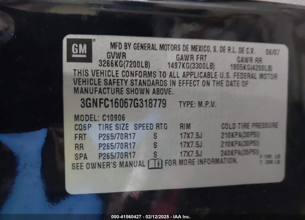 2007 CHEVROLET SUBURBAN 1500 LT VIN: 3GNFC16067G318779