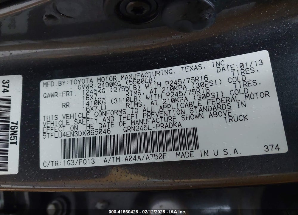2013 TOYOTA TACOMA DOUBLE CAB VIN: 5TFLU4EN3DX065046