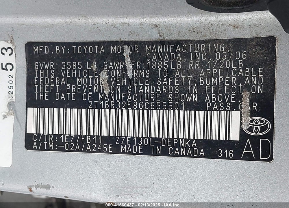 2006 TOYOTA COROLLA LE VIN: 2T1BR32E86C655501