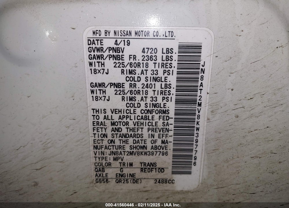 2019 NISSAN ROGUE SV VIN: JN8AT2MV8KW397796