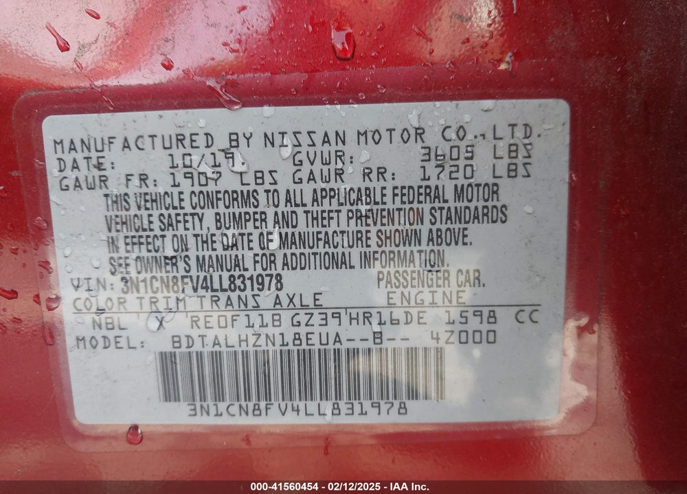 2020 NISSAN VERSA VIN: 3N1CN8FV4LL831978