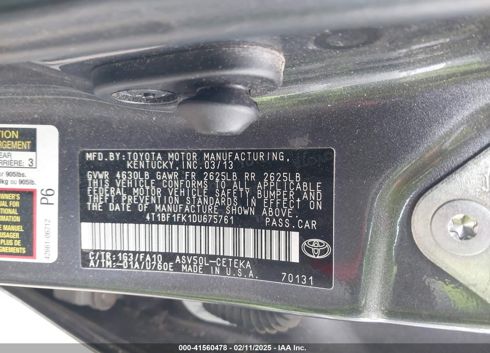 2013 TOYOTA CAMRY VIN: 4T1BF1FK1DU675761