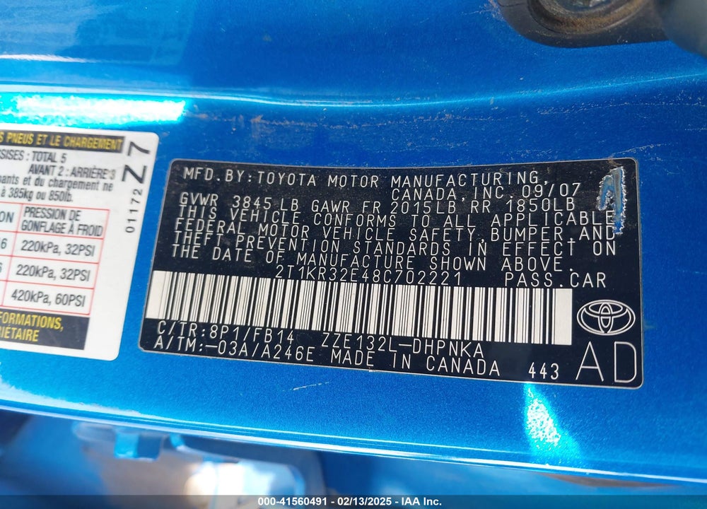 2008 TOYOTA MATRIX/XR VIN: 2T1KR32E48C702221