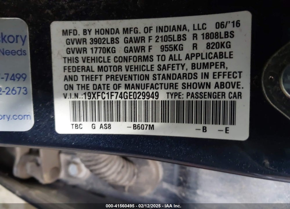 2016 HONDA CIVIC VIN: 19XFC1F74GE029949