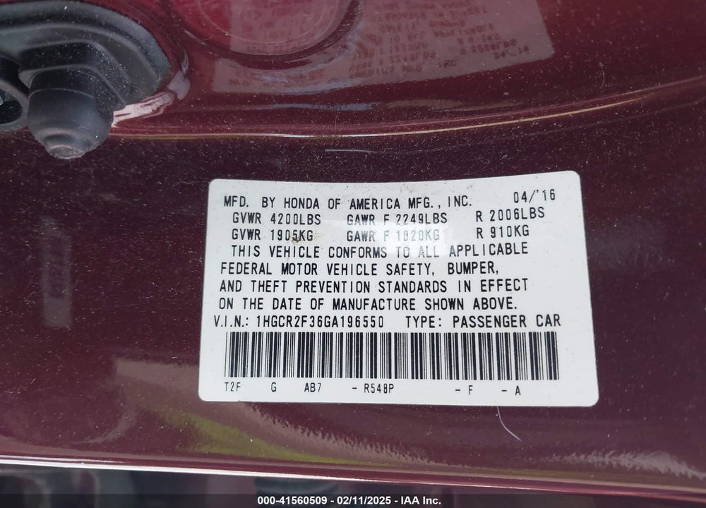 2016 HONDA ACCORD VIN: 1HGCR2F36GA196550