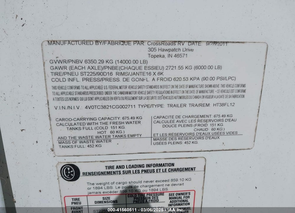 2012 CROSSROADS HAMPTON TRAVEL TRAILER VIN: 4V0TC3821CG002711