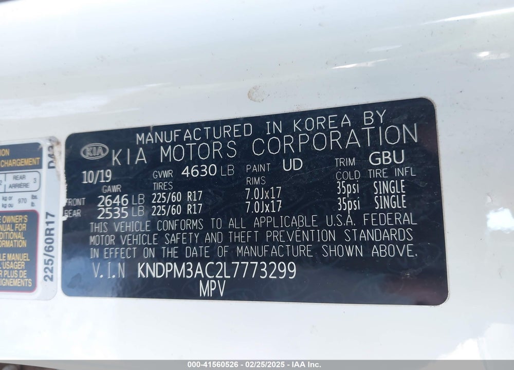 2020 KIA SPORTAGE VIN: KNDPM3AC2L7773299