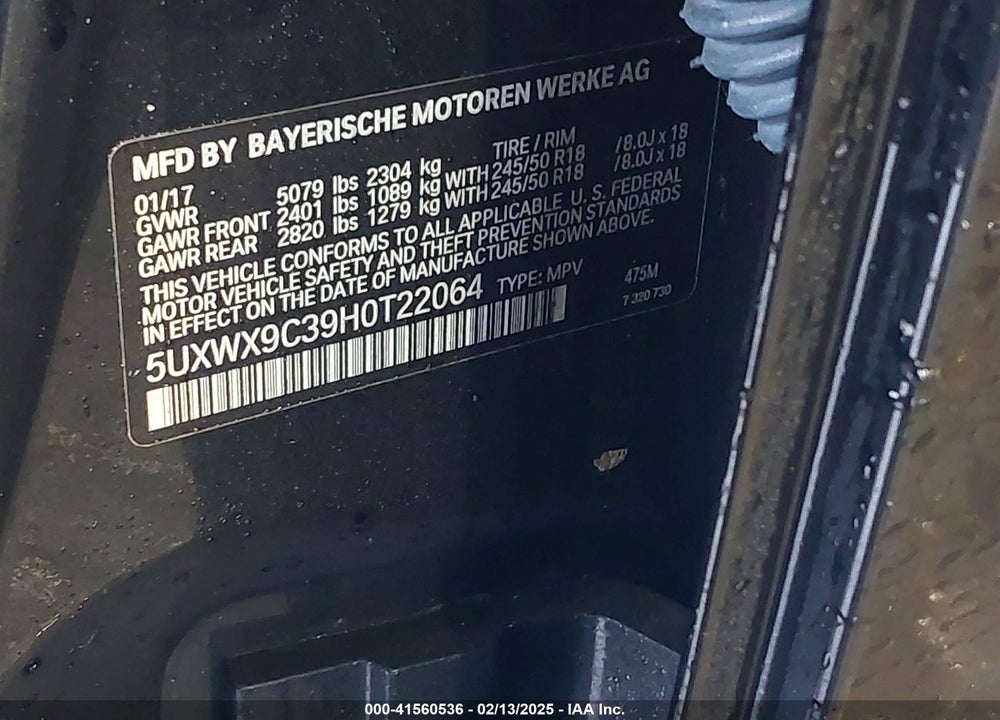 2017 BMW X3 XDRIVE28I VIN: 5UXWX9C39H0T22064