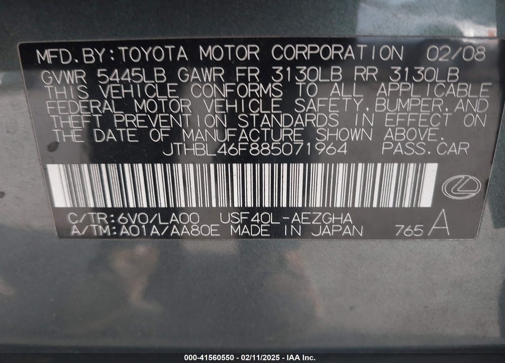 2008 LEXUS LS 460 VIN: JTHBL46F885071964