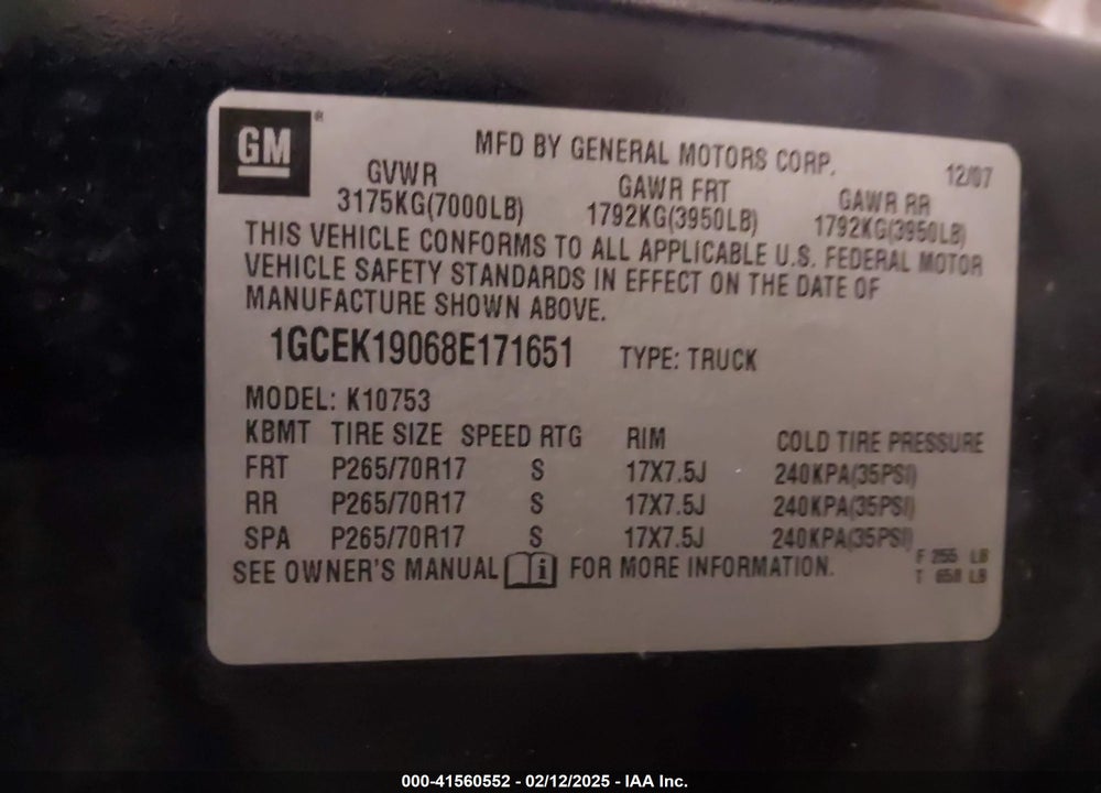 2008 CHEVROLET SILVERADO 1500 LT1 VIN: 1GCEK19068E171651