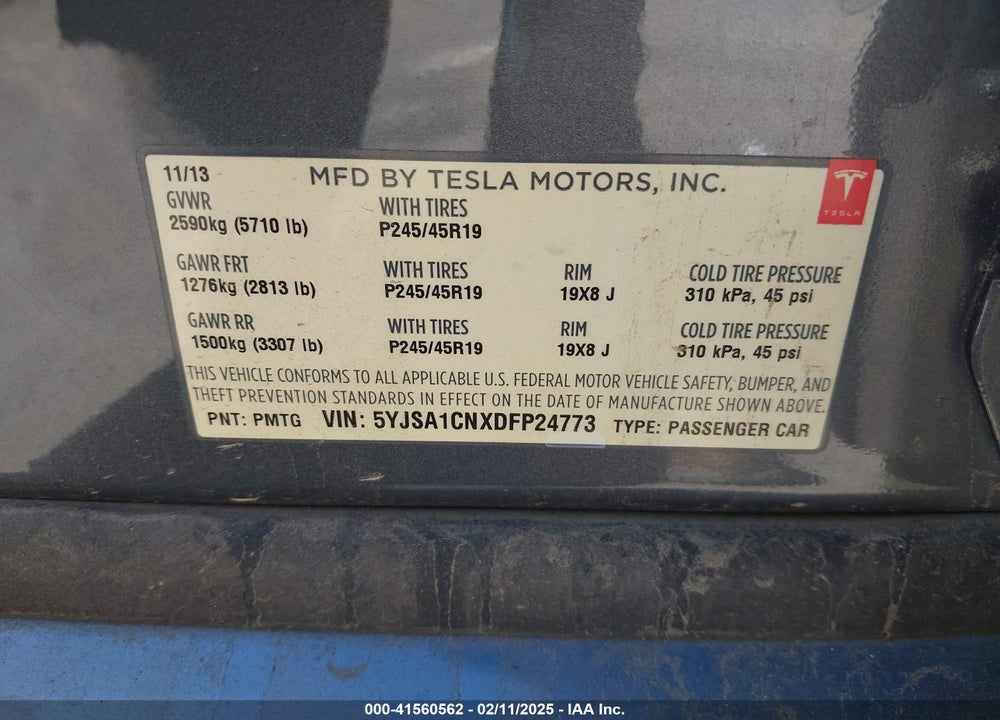2013 TESLA MODEL S VIN: 5YJSA1CNXDFP24773