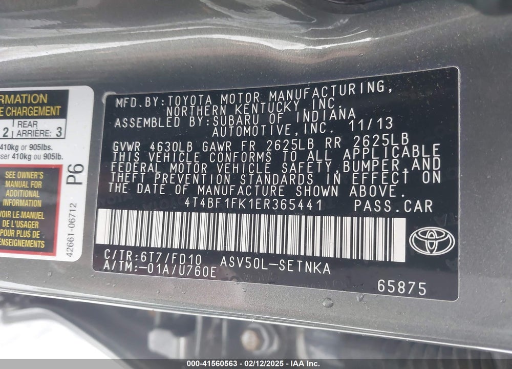 2014 TOYOTA CAMRY VIN: 4T4BF1FK1ER365441