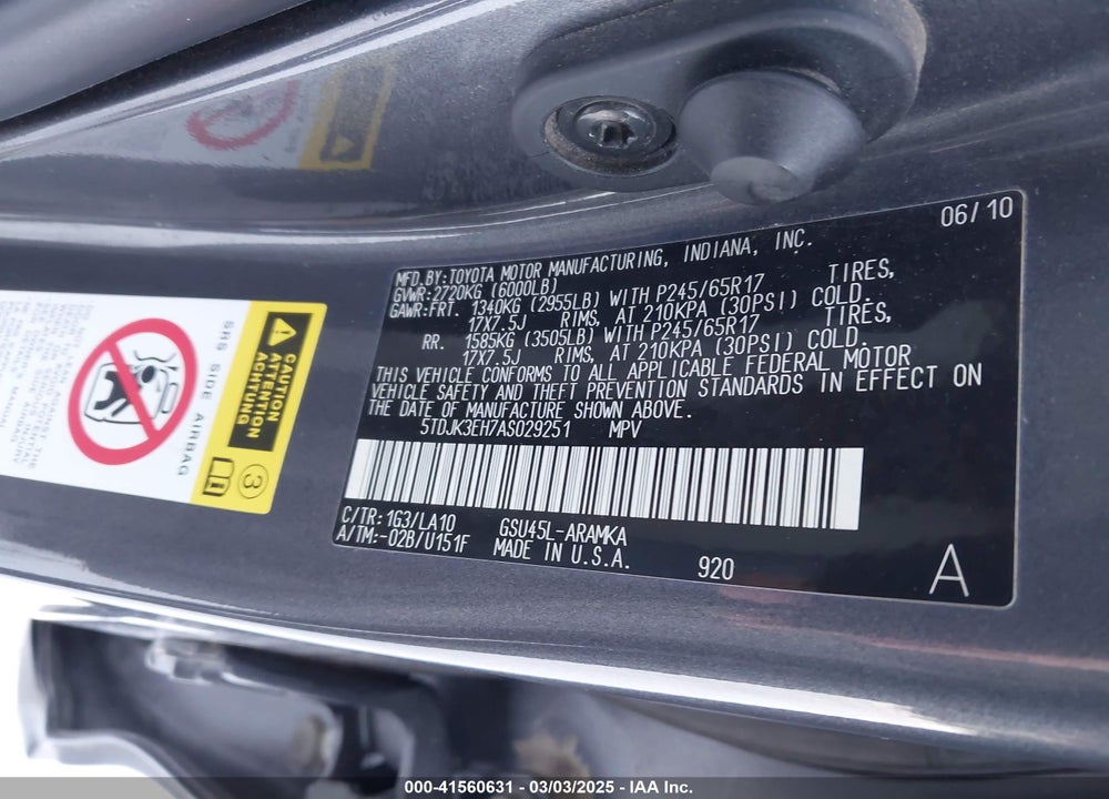 2010 TOYOTA HIGHLANDER SE V6 VIN: 5TDJK3EH7AS029251
